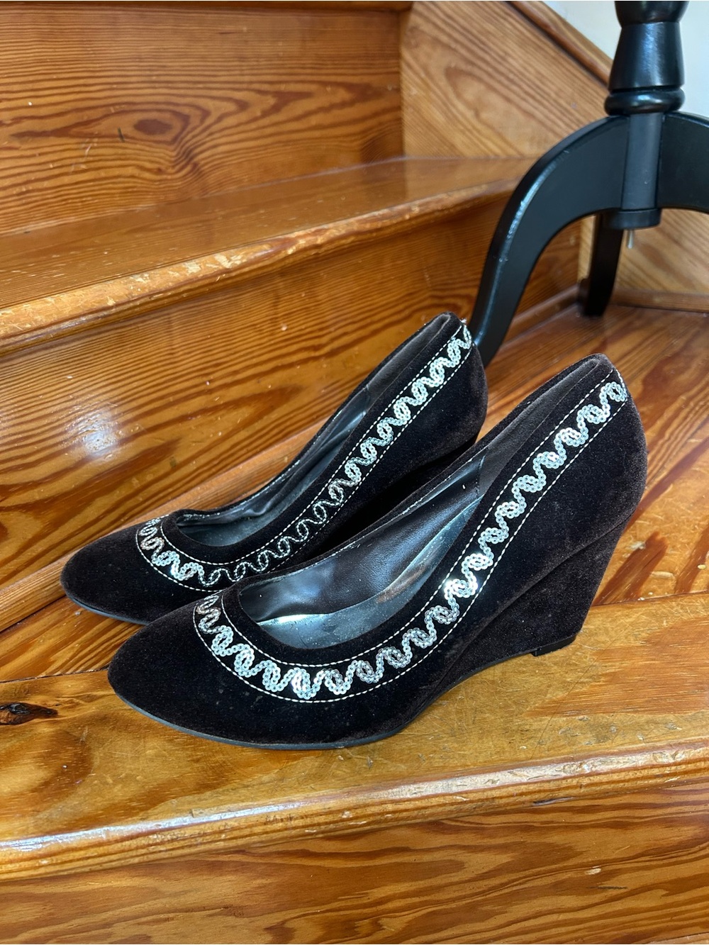 Y2K Brown Velvet Wedge Heels with Silver Trim